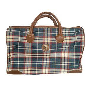 GL Tartan Plaid Weekender Duffle Bag Gold Tone Zipper Closure Brown PVC Handles